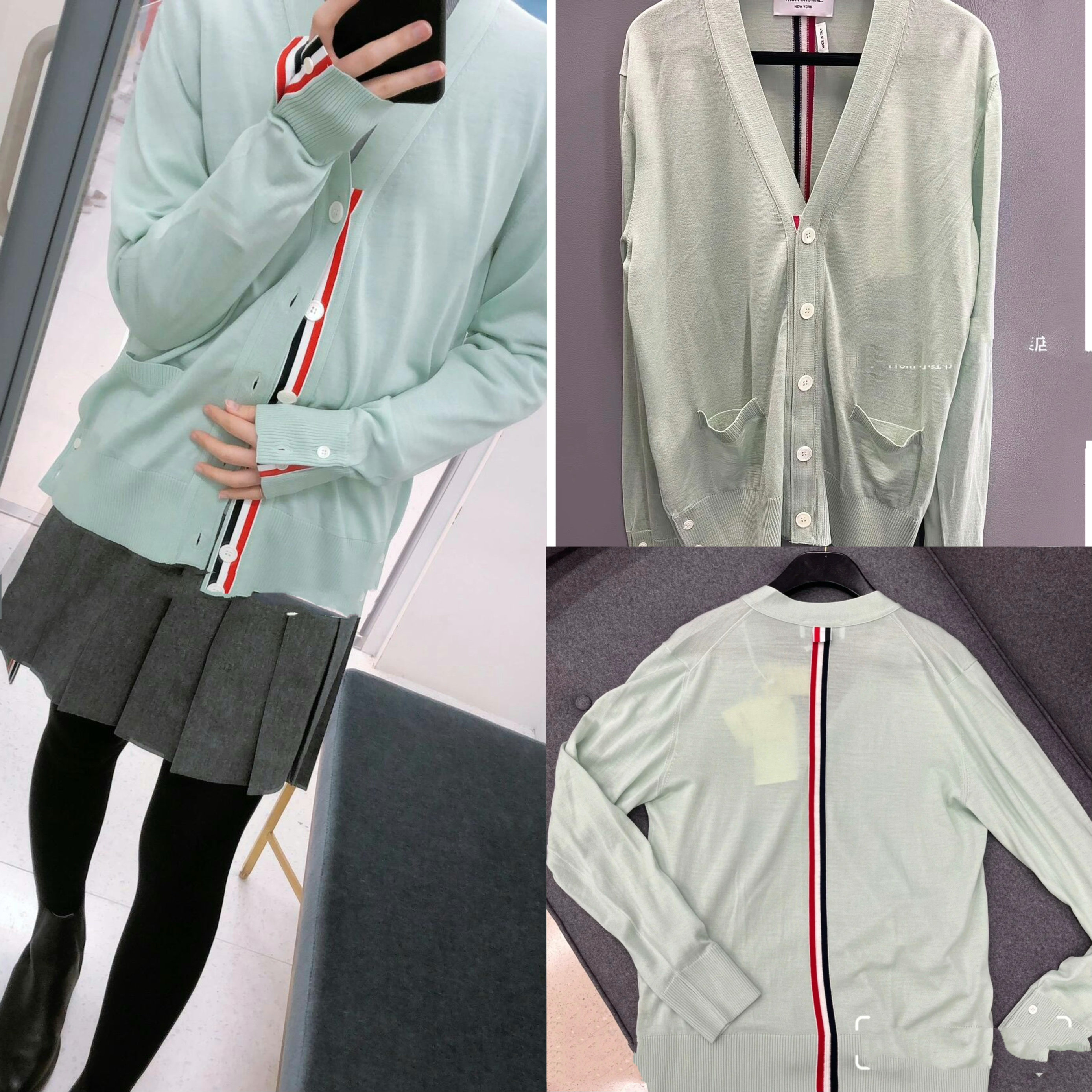 蘑菇英国代购 TB 特价 薄荷绿色条纹羊毛针织开衫外套5码胸围114