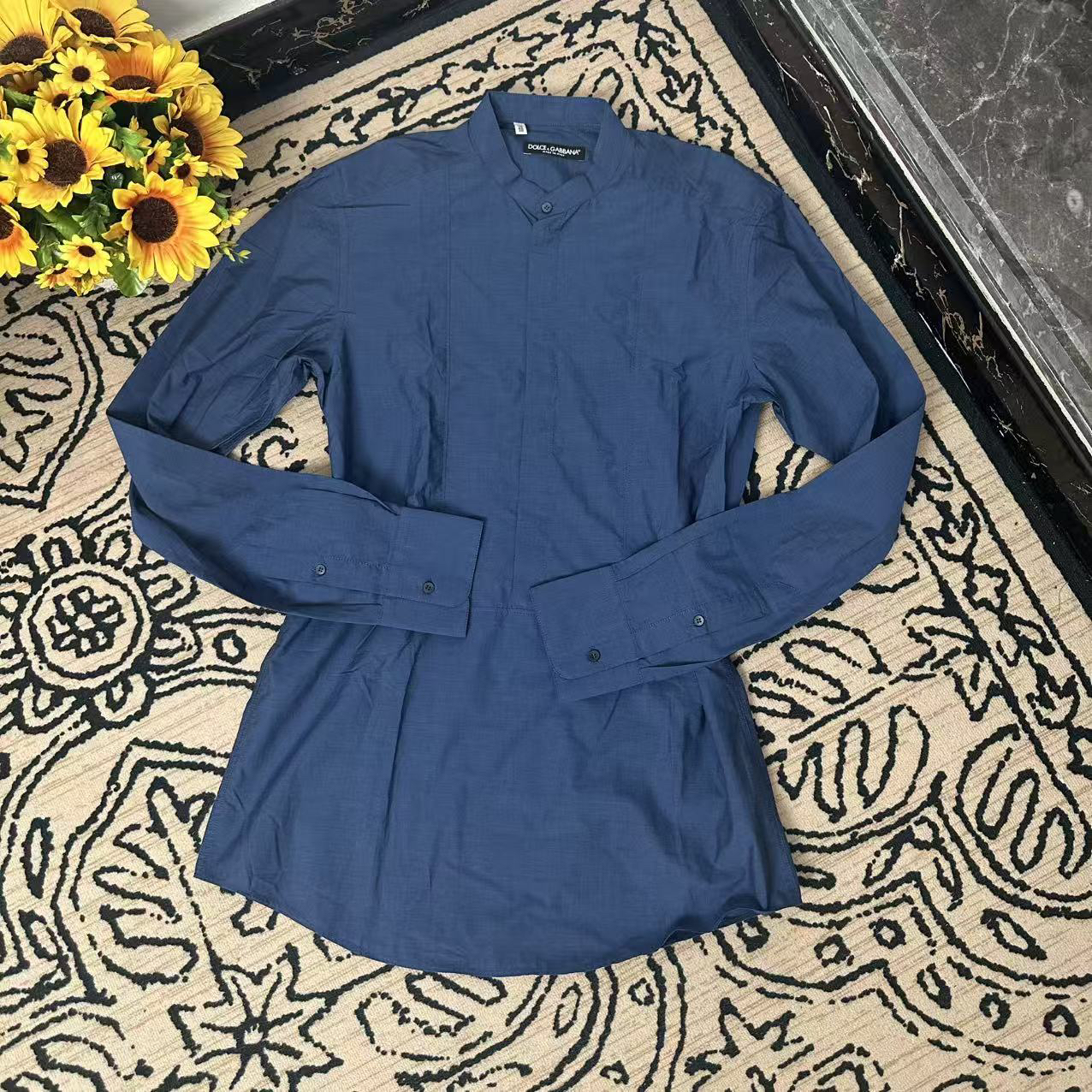 蘑菇英国代 DG 男士复古蓝色套头小圆领纯棉长袖衬衫 15码胸围106