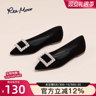 睿慕 女平底温柔黑色绒面鞋 reemoor时尚 气质水钻尖头浅口单鞋