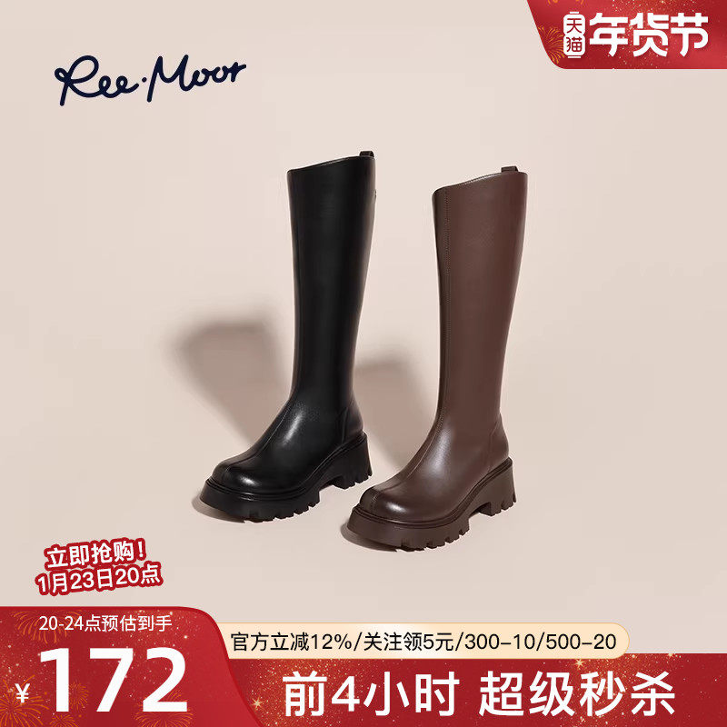 reemoor长筒靴女2025秋冬新款V口高筒小筒围粗跟长靴骑士靴睿慕,女鞋,骑士靴,淘宝优惠券,粉丝福利购,淘宝优惠卷