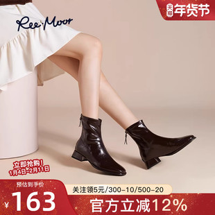 reemoor睿慕棕色尖头小短靴女2025年秋冬新款法式气质粗跟时装靴