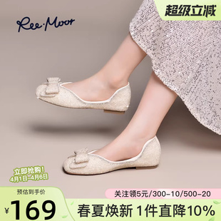 婚鞋 REEMOOR睿慕25年新款 水钻单鞋 方头浅口蝴蝶结平底鞋 女 船鞋