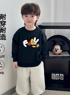 秋冬季儿童加绒卫衣男童黑色米奇卡通印花圆领长袖加厚上衣保暖