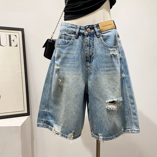 破洞牛仔短裤女夏天外穿爆款高腰显瘦宽松直筒阔腿五分裤潮流百搭