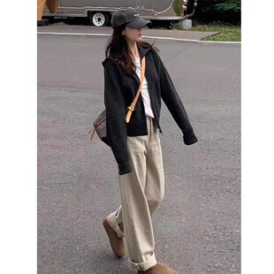 卡其色慵懒风阔腿牛仔裤女款气质宽松高腰显瘦秋季减龄穿搭直筒裤