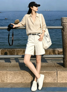 美式白色五分牛仔裤女夏季薄款宽松显瘦小个子百搭直筒中裤短裤子
