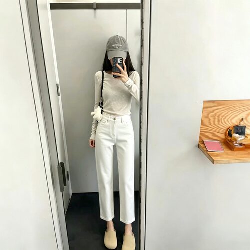 白色气质高腰显瘦弹力烟管牛仔裤女2026夏季新款修身窄版直筒裤子