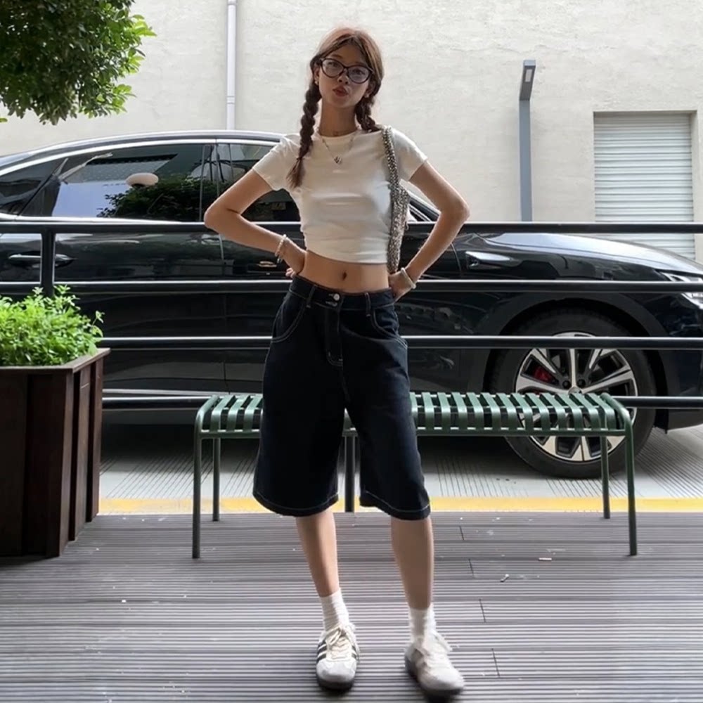 黑色美式复古高腰牛仔短裤女夏天外穿时尚宽松直筒显瘦阔腿五分裤图片