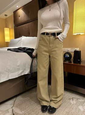 牛仔阔腿裤卡其色裤子女款2026秋季新款休闲裤小个子显瘦直筒裤子
