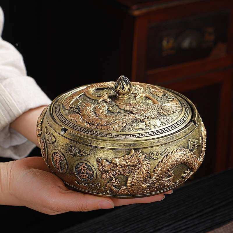 创意龙凤烟灰缸复古大号防风家用客厅个性潮流带盖办公室网红摆件