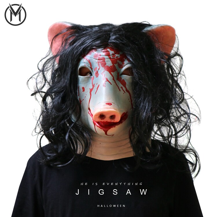 新品电锯惊魂猪头面具万圣节恐怖整蛊血腥吓人猪八戒头套cos道具