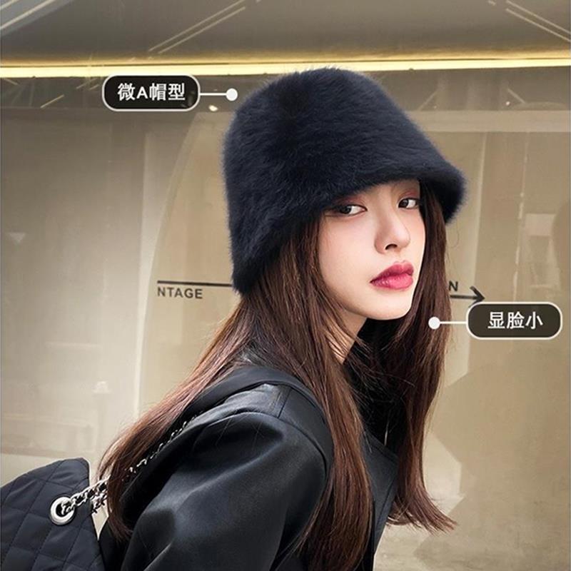 水桶帽子兔毛绒渔夫帽女士韩版百搭日系保暖遮脸显脸小盆帽秋冬季