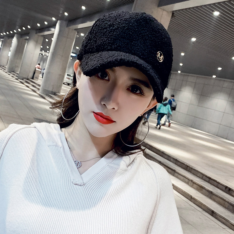 黑色帽子女百搭韩版棒球帽秋冬季加厚保暖羊羔加绒鸭舌帽男显脸小