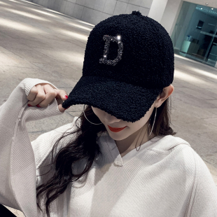 帽子女士百搭字母水钻羊羔毛绒鸭舌帽秋冬季 加厚保暖棒球帽男韩版