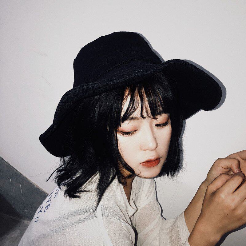 明星同款渔夫帽子黑色chic大檐秋冬遮阳帽女小清新防晒棉麻盆帽潮
