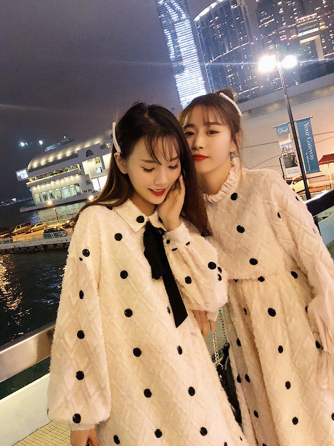 209新款女装闺蜜装裙子女秋冬 法式复古裙超仙的少女波点连衣裙11