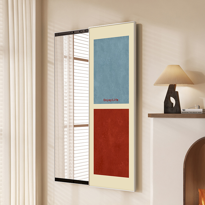 孟菲斯红蓝几何高级感全身镜挂画极简中古镜子装饰画可推拉全身镜