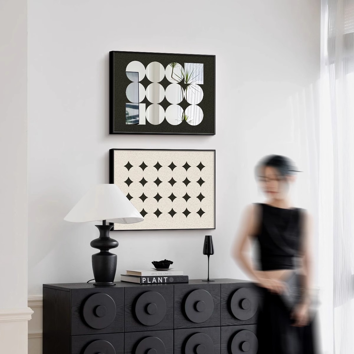 意式极简风餐厅电表箱装饰画黑白几何镜子高级感配电箱弱电箱挂画