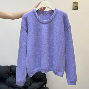 紫色温柔毛衣女春季内搭打底衫女软糯慵懒宽松圆领长袖针织衫上衣