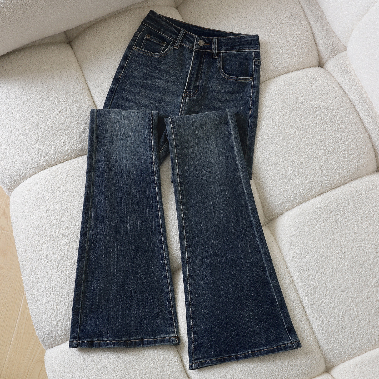 it :CHOCOOLATE蓝色紧身微喇牛仔裤女高腰修身显瘦弹力拖地喇叭裤