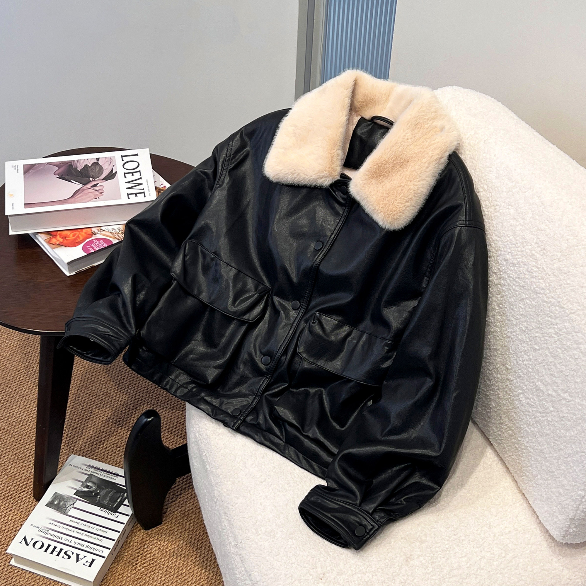 黑色毛领PU皮衣女短款机车风辣妹复古夹克外套高级感加厚保暖上衣,女装/女士精品,皮衣,淘宝优惠券,粉丝福利购,淘宝优惠卷