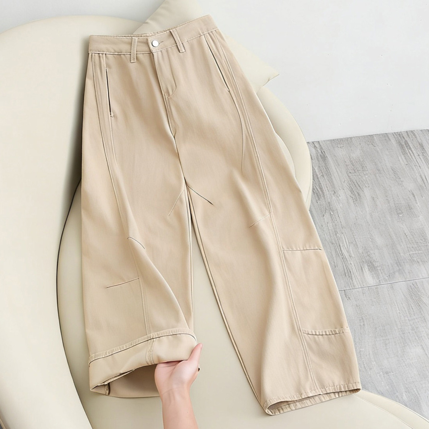 卡其色复古高腰弯刀裤女春季宽松水洗百搭牛仔长裤显瘦拖地阔腿裤,女装/女士精品,牛仔裤,淘宝优惠券,粉丝福利购,淘宝优惠卷