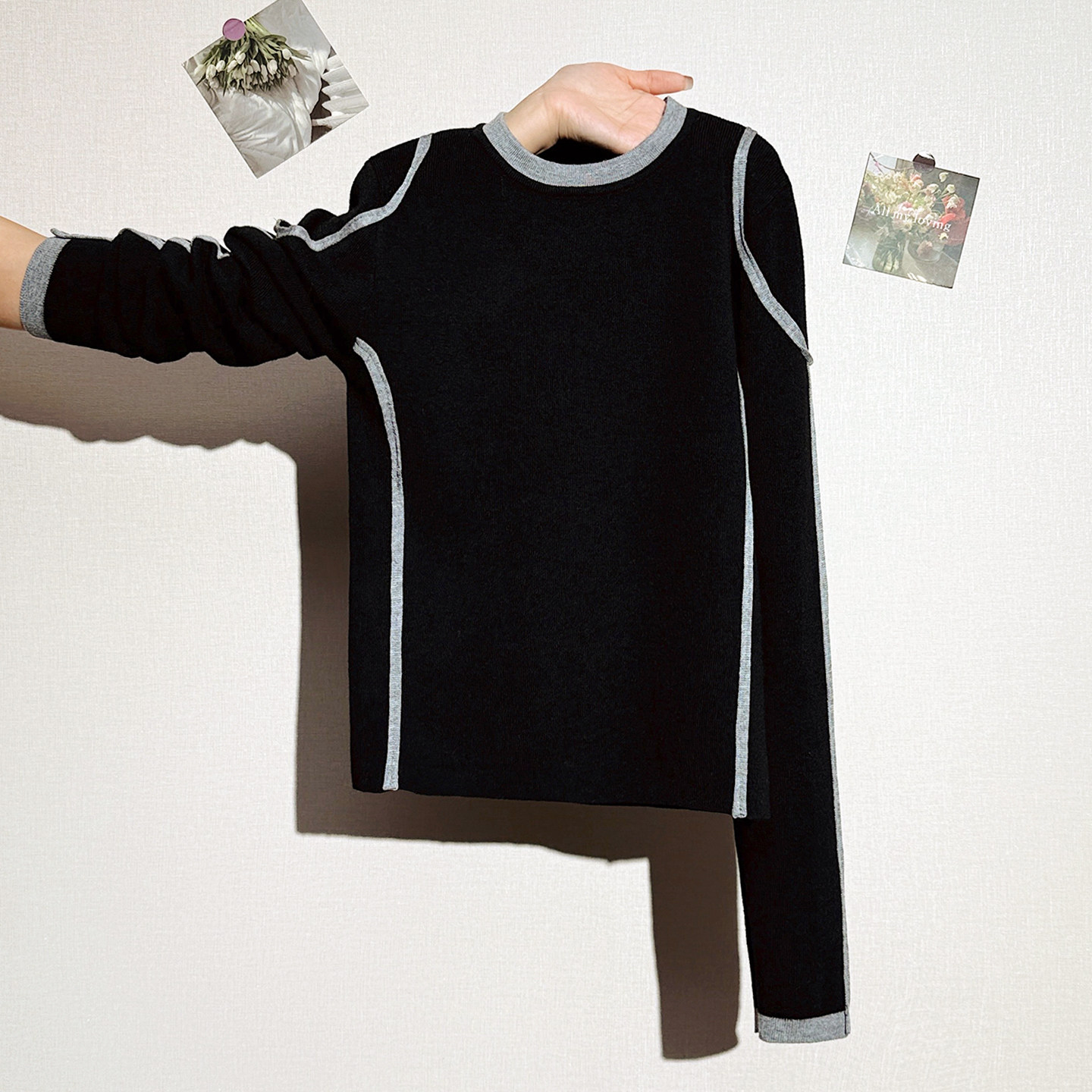 新款设计感撞色拼接圆领长袖T恤女韩系黑色通勤修身显瘦百搭上衣,女装/女士精品,T恤,淘宝优惠券,粉丝福利购,淘宝优惠卷