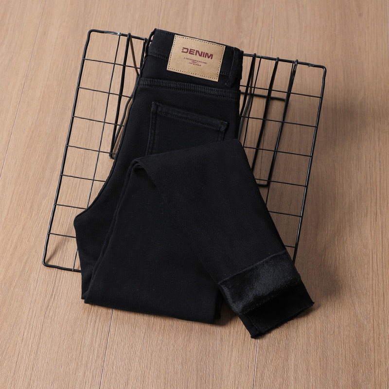 黑色加绒紧身小脚牛仔裤女2025新款高腰修身显瘦弹力百搭铅笔裤子