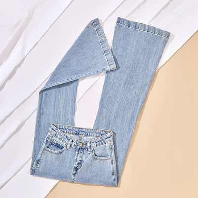 2025秋冬新款蓝色弹力低腰微喇牛仔裤女修身显瘦拖地裤子美式复古