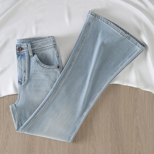 it :CHOCOOLATE「四面弹」蓝色微喇牛仔裤女高腰显瘦弹力喇叭裤子