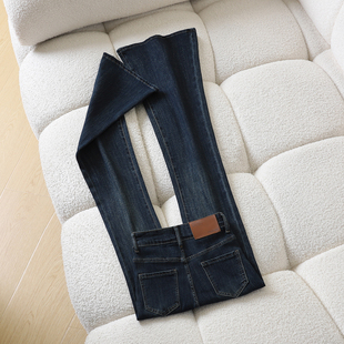 高腰复古深蓝色微喇叭牛仔裤女冬季保暖修身显瘦马蹄裤厚绒拖地裤