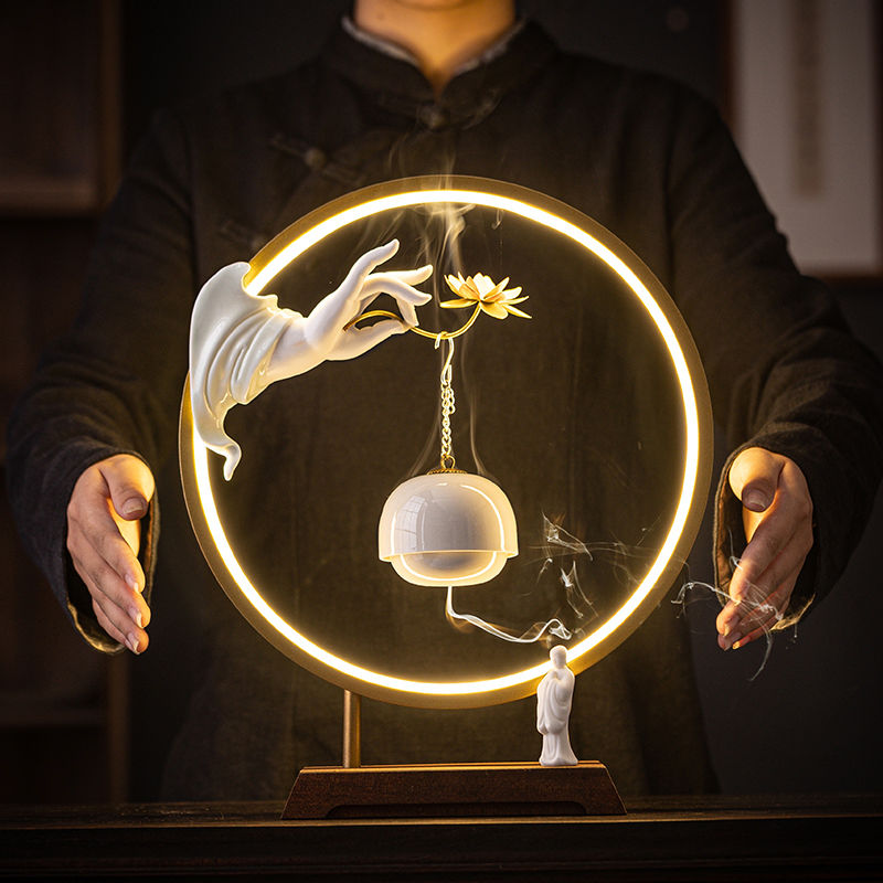 新中式禅意佛手莲花挂式吊炉倒流香灯圈摆件家居室内玄关装饰摆设