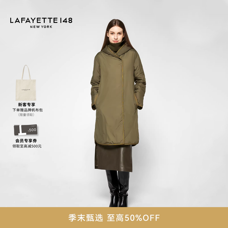 LAFAYETTE148/拉飞逸中长款不对称连帽鹅绒大衣