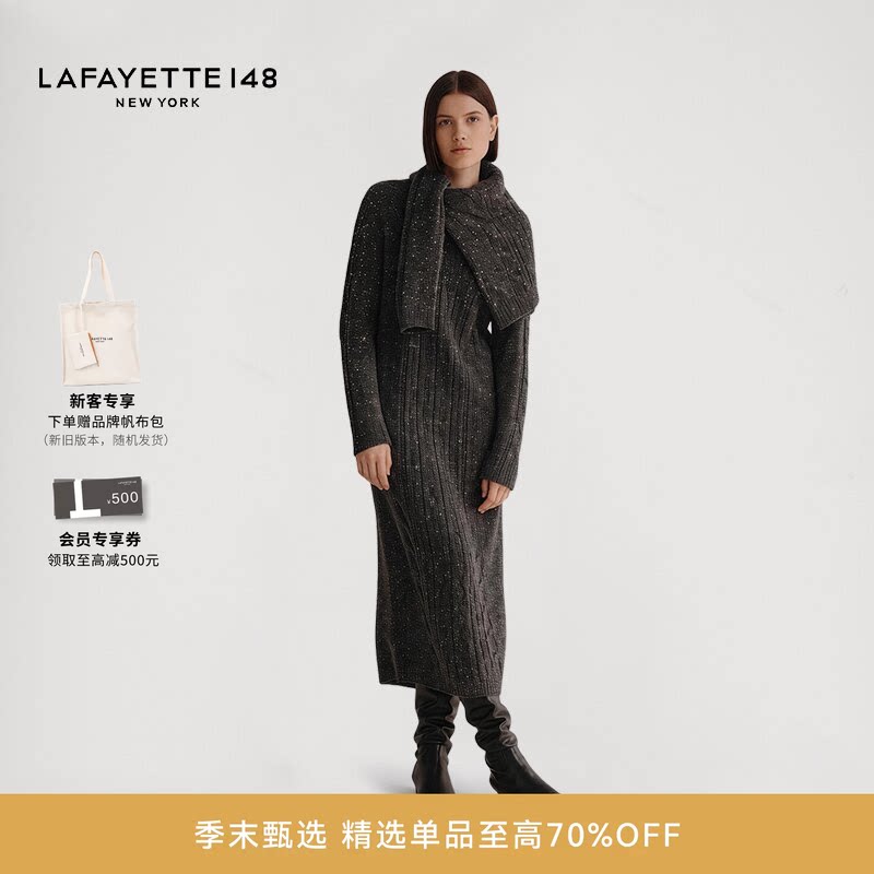 LAFAYETTE148/拉飞逸多尼戈尔粗棒针织羊绒连衣裙日常长袖休闲裙