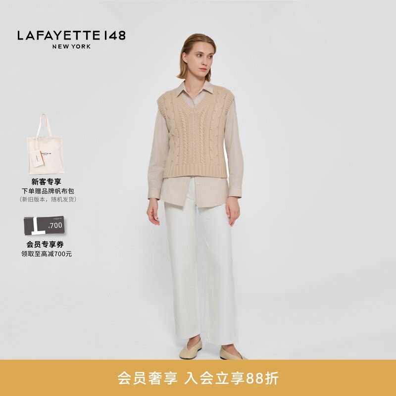 LAFAYETTE148/拉飞逸V领粗棒绞花羊毛羊绒针织背心套头宽松型上衣