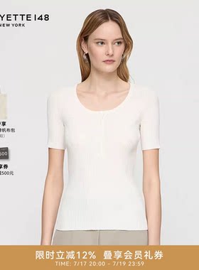 LAFAYETTE148/拉飞逸亨利领罗纹莱赛尔针织上衣修身套头休闲短袖