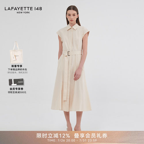 LAFAYETTE148/拉飞逸100%棉舒适透气A字型衬衫连衣裙系带无袖裙