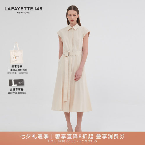 LAFAYETTE148/拉飞逸100%棉舒适透气A字型衬衫连衣裙系带无袖裙