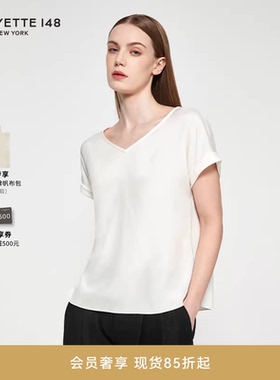 LAFAYETTE148/拉飞逸宽V领桑蚕丝弹力T恤衬衫通勤风真丝上衣短袖
