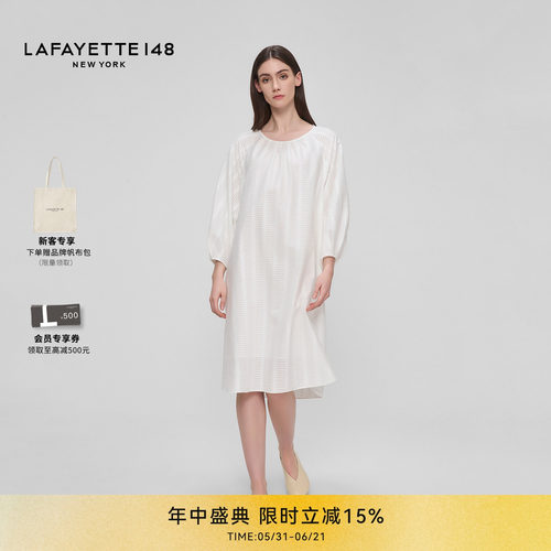【26春夏新款】LAFAYETTE148/拉飞逸丝光棉浮雕感圆领H型连衣裙