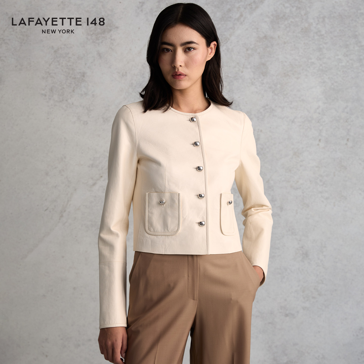 【26春夏新款】LAFAYETTE148/拉飞逸贴袋短款圆领皮质夹克外套