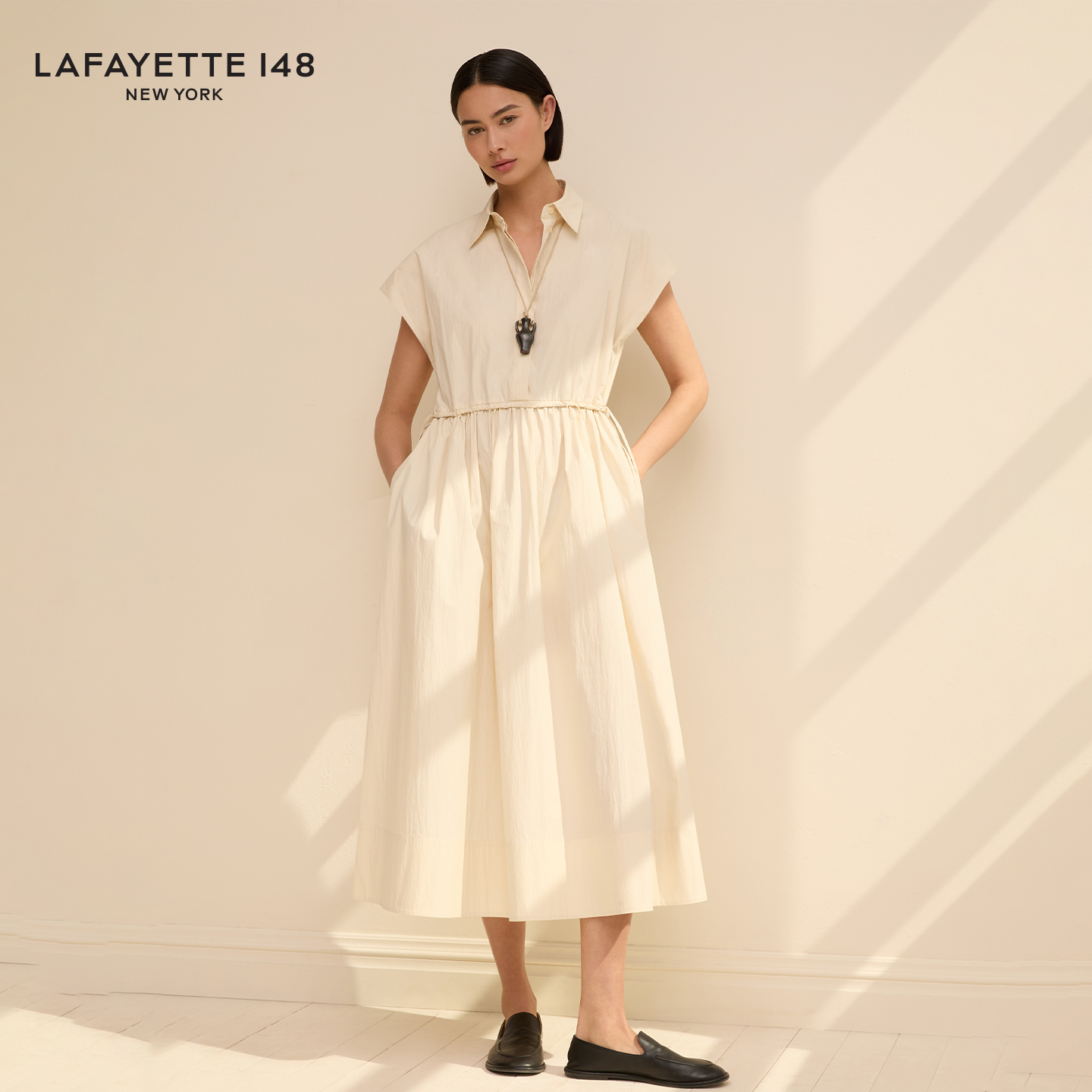 【25早秋新款】LAFAYETTE148/轻旅系列轻薄棉府绸收腰褶皱衬衫裙
