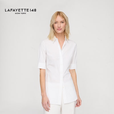 LAFAYETTE148/拉飞逸弹力棉府绸短袖系带修身衬衫