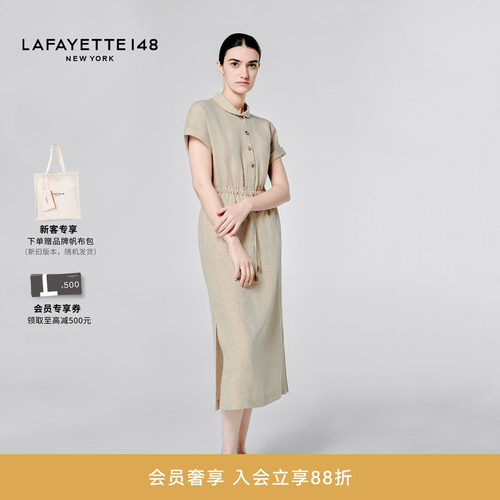 亚麻抽绳收腰连衣裙衬衫连衣裙
