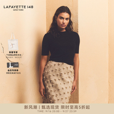 LAFAYETTE148/拉飞逸 圆领短袖黑色羊绒针织衫纯色简约通勤风上衣