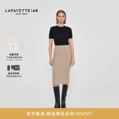 LAFAYETTE148/拉飞逸绵羊毛直筒迷笛中长款半裙气质型镂空直筒裙