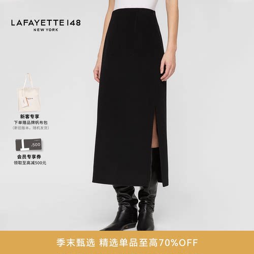 LAFAYETTE148/拉飞逸羊毛羊绒高腰侧开叉中长款半裙H型修身型半裙