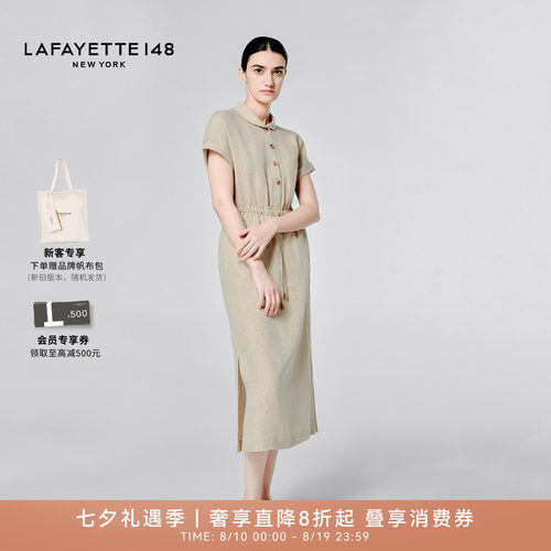 亚麻抽绳收腰连衣裙衬衫连衣裙