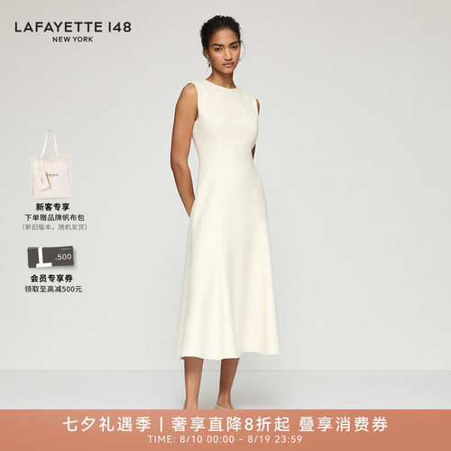 LAFAYETTE148/拉飞逸小香风结圈毛呢收腰A字连衣裙修身型无袖圆领