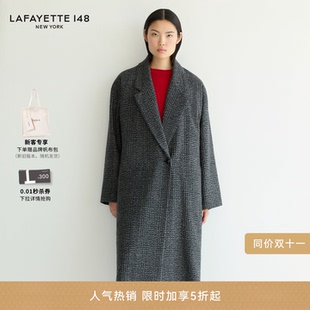 LAFAYETTE148/拉飞逸千鸟格羊绒呢宽松廓形大衣翻领纹理通勤外套